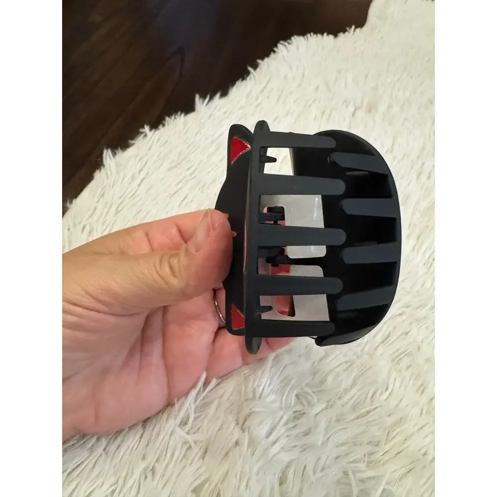 Large Black cat hair clip claw with white whiskers, red nose, and pink mouth